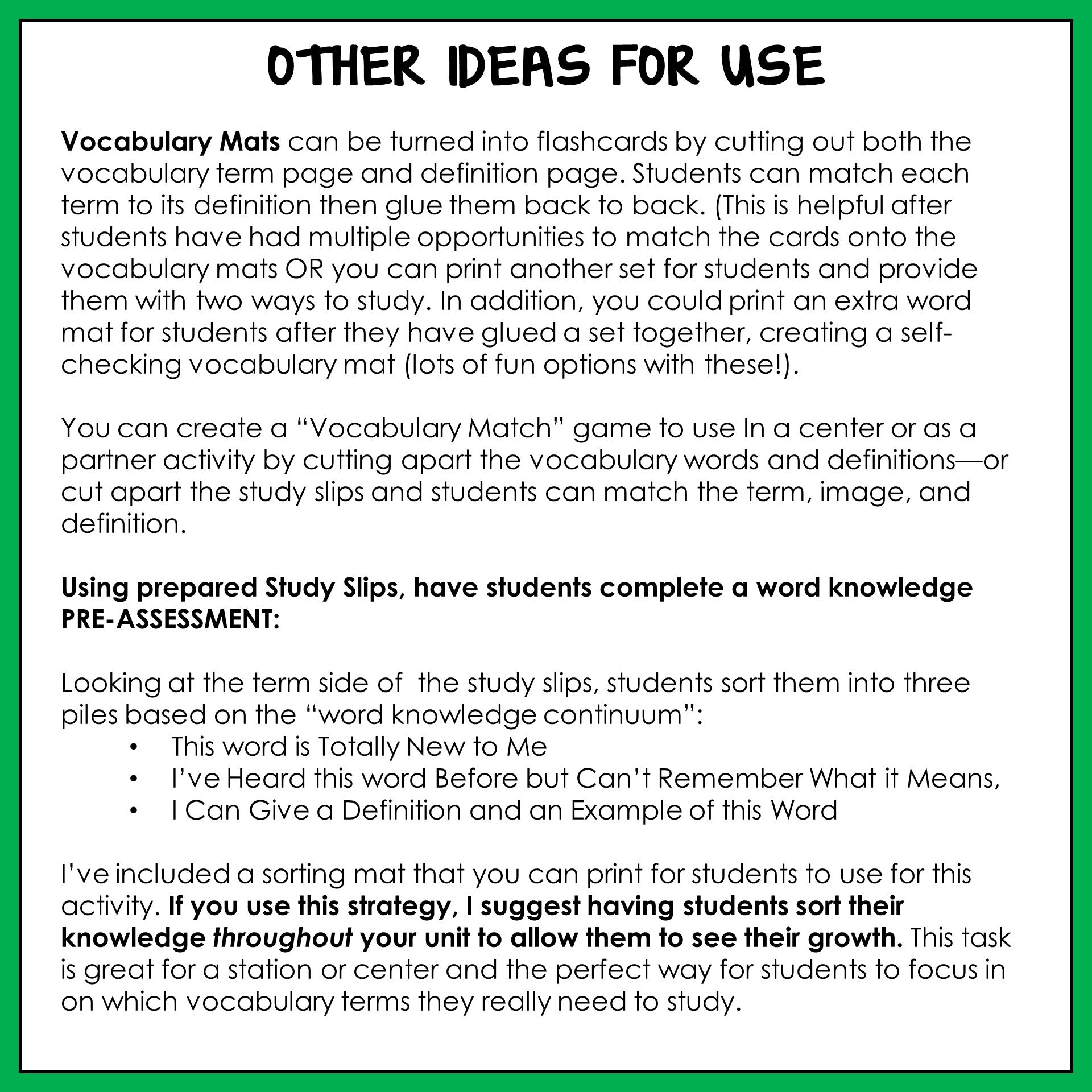 Instructions for using vocabulary mats and study slips 