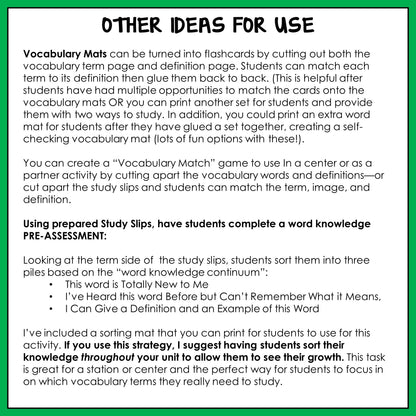 Instructions for using vocabulary mats and study slips 