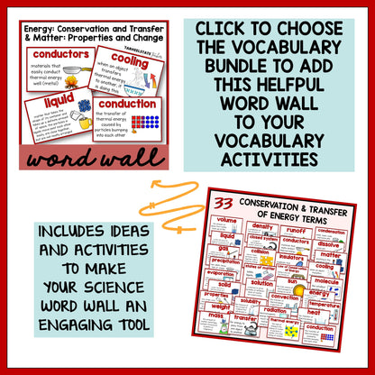 Conservation of Energy and States of Matter Vocabulary Activities Mats, Study Slips, & Quizzes