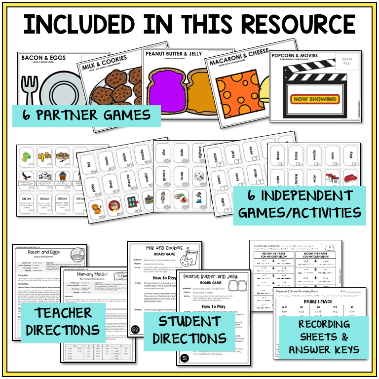 Educational resource with partner and independent games, teacher and student directions, and recording sheets for teaching homophones and homographs.