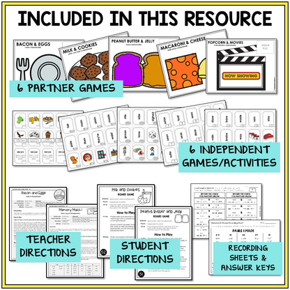 Educational resource with partner and independent games, teacher and student directions, and recording sheets for teaching homophones and homographs.
