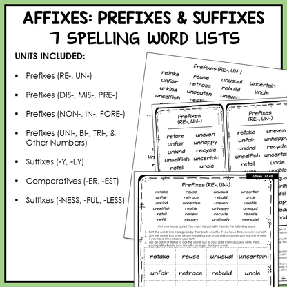 Prefixes and Suffixes RE UN DIS MIS LY NESS Syllables Affixes Activity Printable