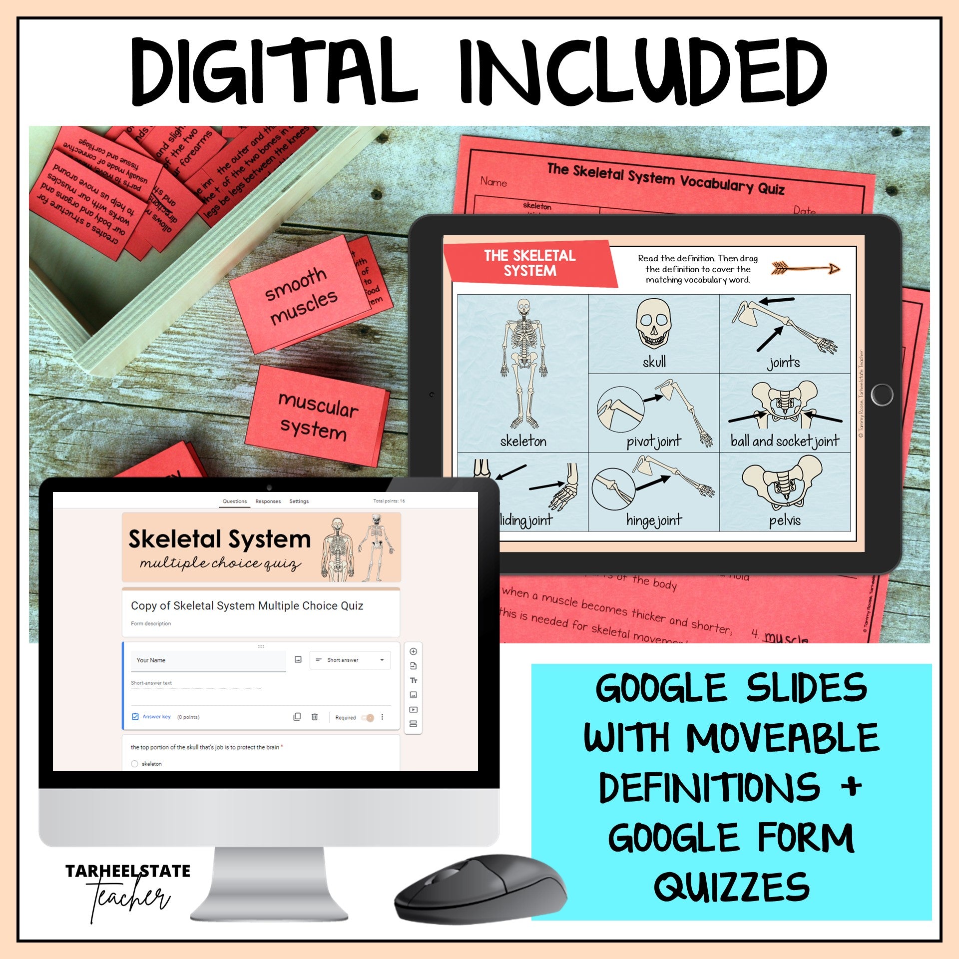 Educational materials for the skeletal system including digital quizzes with google slides