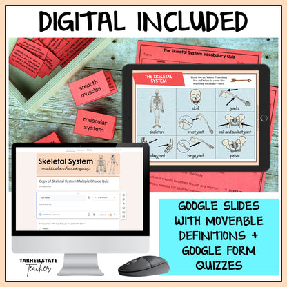 Educational materials for the skeletal system including digital quizzes with google slides