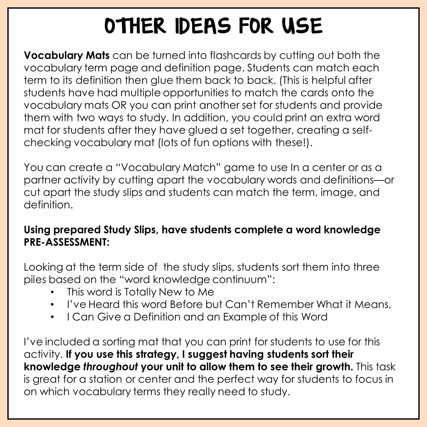Instructions for using vocabulary mats and study slips in educational activities.