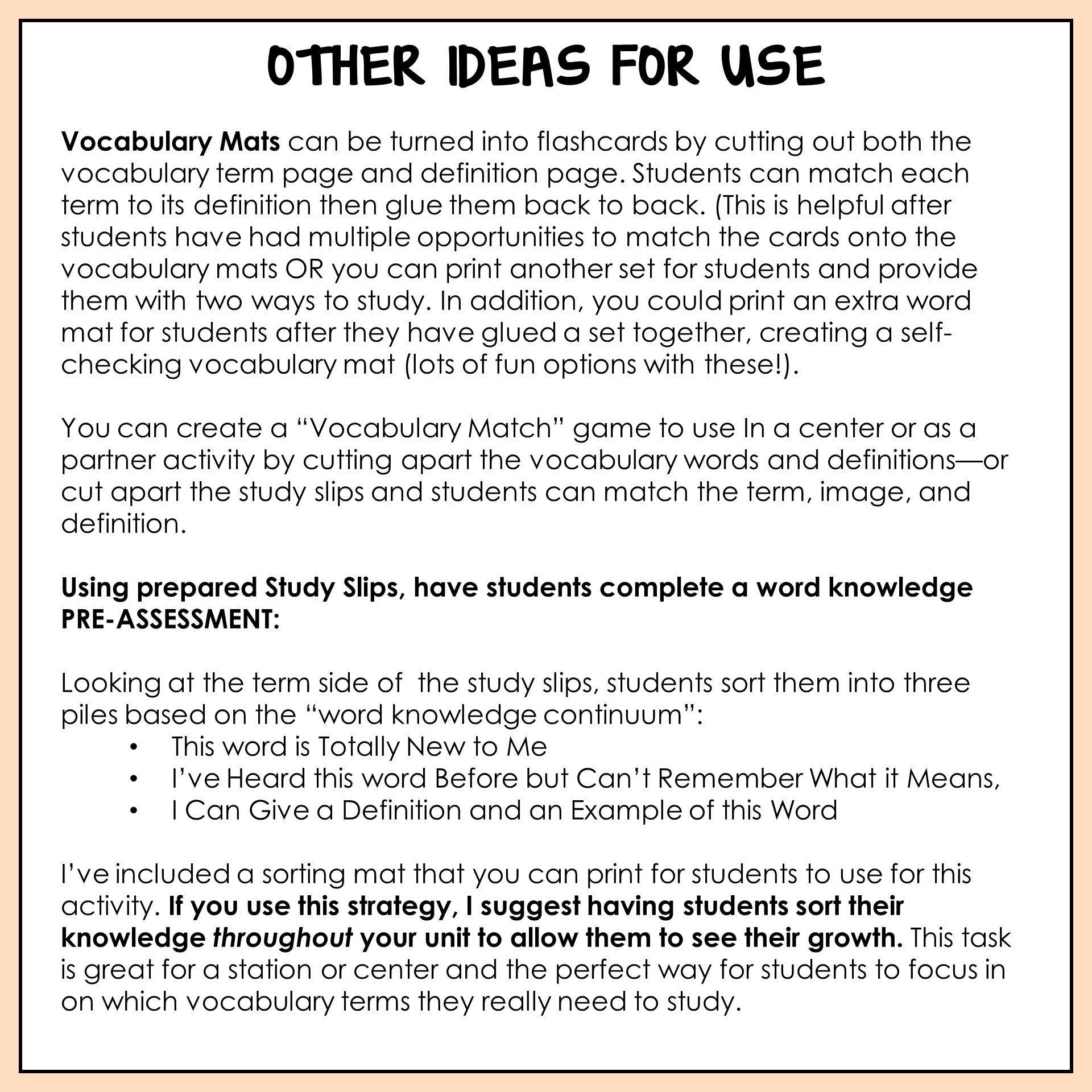 Instructions for using vocabulary mats and study slips in educational activities.