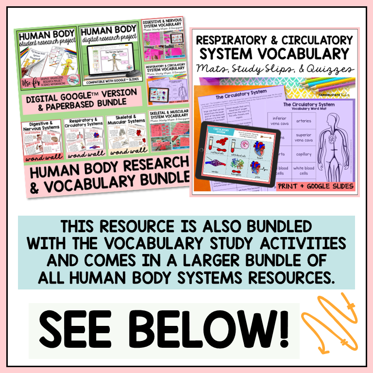 Educational resources for human body research and vocabulary with digital and paper-based versions.