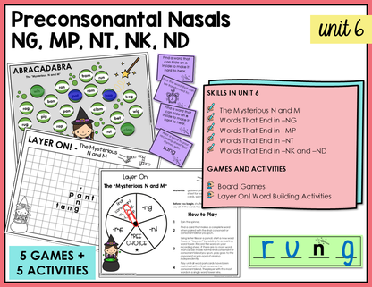 Interactive games and activities for teaching nasal blends and final blends in the Letter Name-Alphabetic stage.