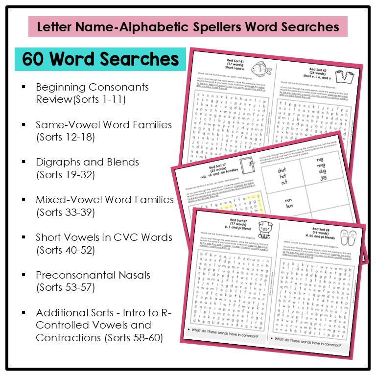 60 word search activities included for Letter Name-Alphabetic Spellers
