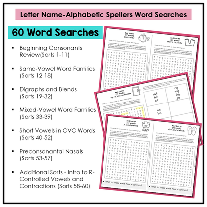 60 word search activities included for Letter Name-Alphabetic Spellers