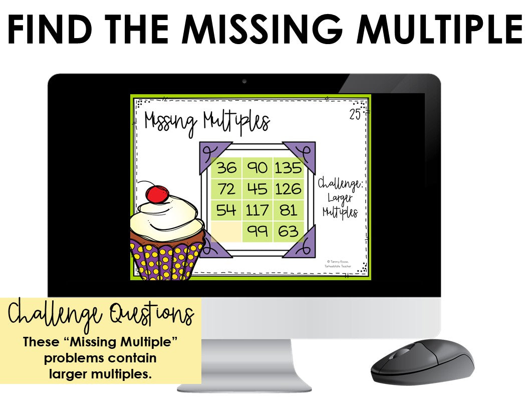A digital educational activity titled 'Missing Multiples' for helping students practice multiplication fact fluency