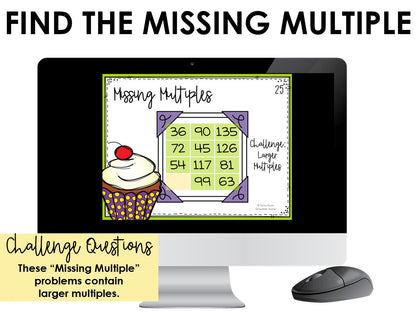 A digital educational activity titled 'Missing Multiples' for helping students practice multiplication fact fluency