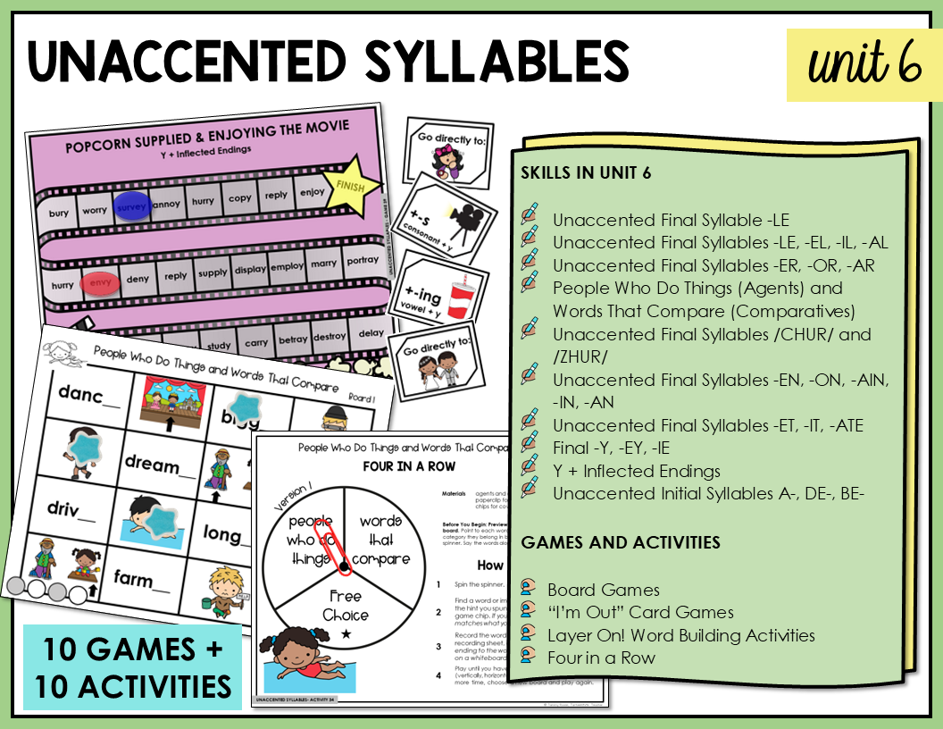 Educational materials for teaching unaccented syllables with games and activities.