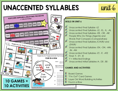 Educational materials for teaching unaccented syllables with games and activities.