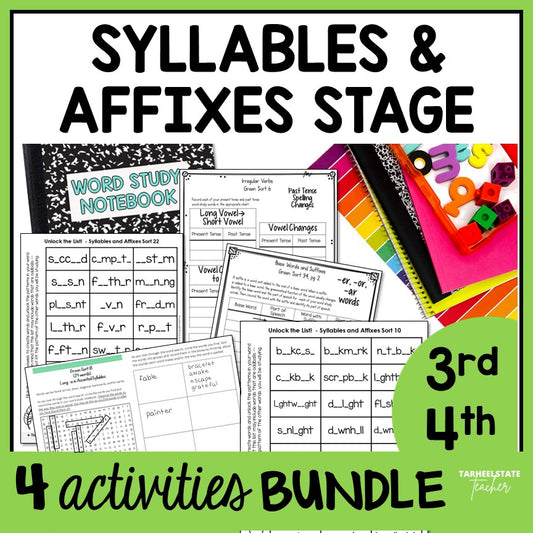 Engaging spelling activities and resources for spellers in the Syllables and Affixes stage including word searches, fill-in-the-blank activities, interactive spelling notebook exercises, and weekly spelling homework.