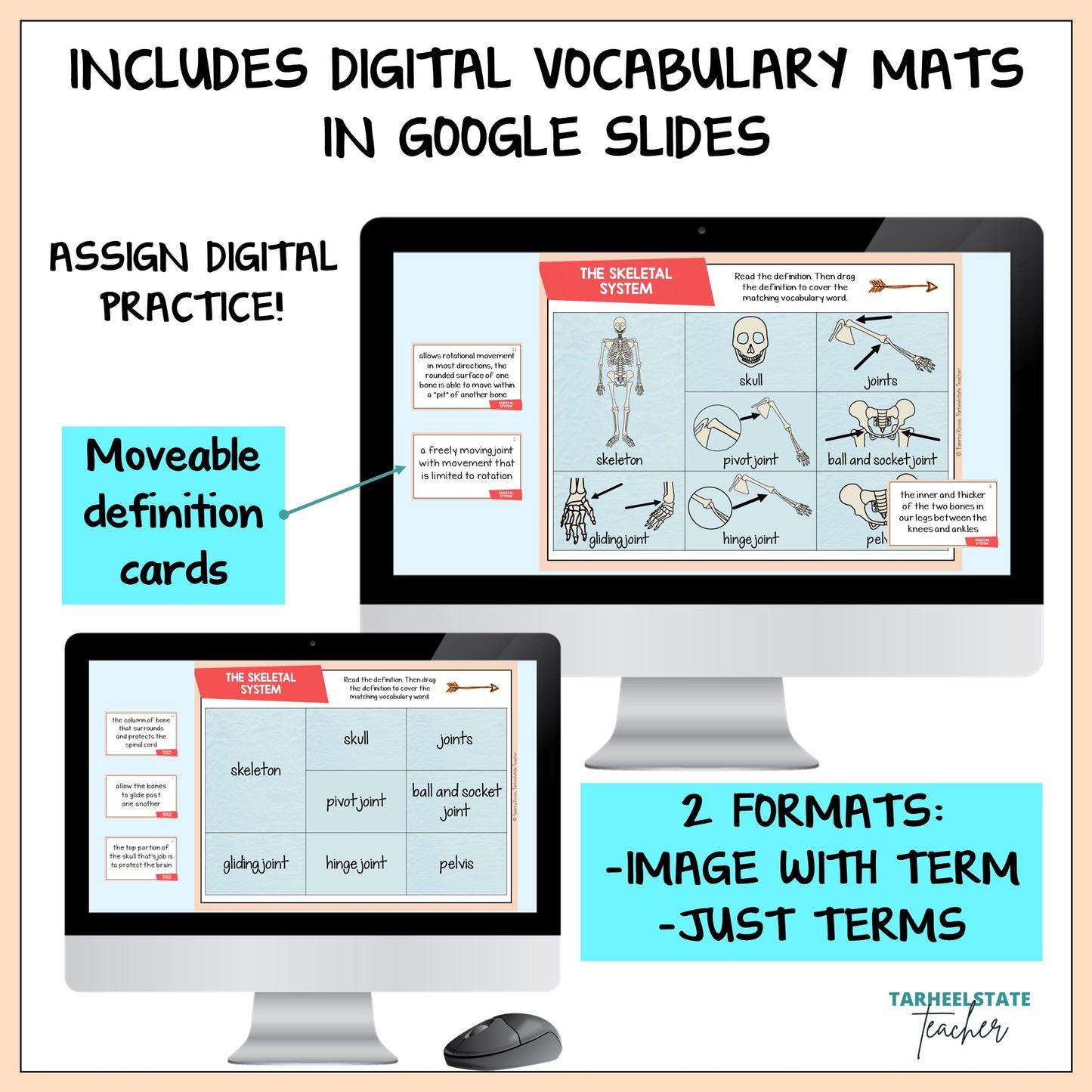 Digital vocabulary mats with movable definition cards on a computer screen, featuring text about Google Slides and two formats.