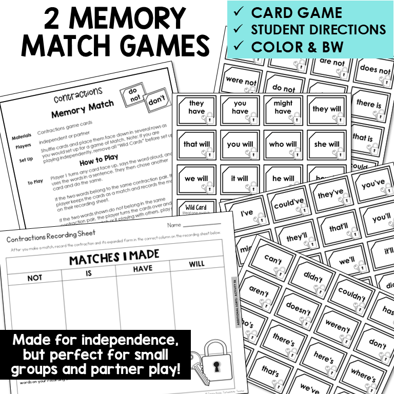 Contractions, Plurals, & Inflectional Endings Unit 8 Within Word Pattern Games Bundle