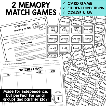 Contractions, Plurals, & Inflectional Endings Unit 8 Within Word Pattern Games Bundle