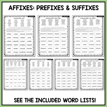 Prefixes and Suffixes RE UN DIS MIS LY NESS Syllables Affixes Activity Printable