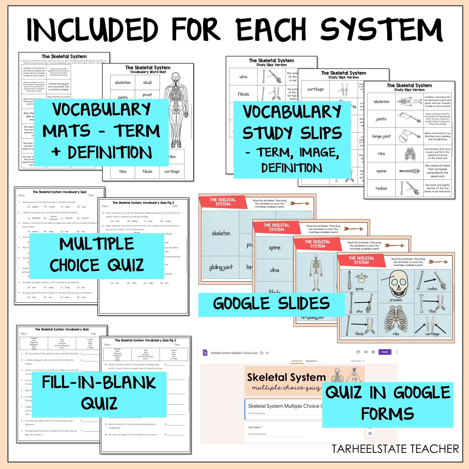Educational materials for teaching the Skeletal System including vocabulary mats, study slips, multiple choice quiz, Google Slides, fill-in-blank quiz, and quiz in Google Forms.