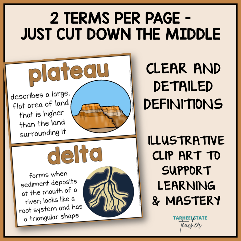 Weathering, erosion, and plate tectonics vocabulary terms on anchor charts with illustrative clip art for science word wall or bulletin board 