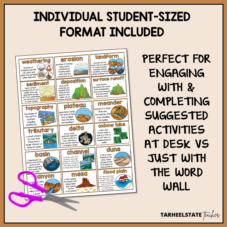 Weathering, erosion, and plate tectonics vocabulary resource includes individual student-sized study and reference sheet to use with vocabulary activities