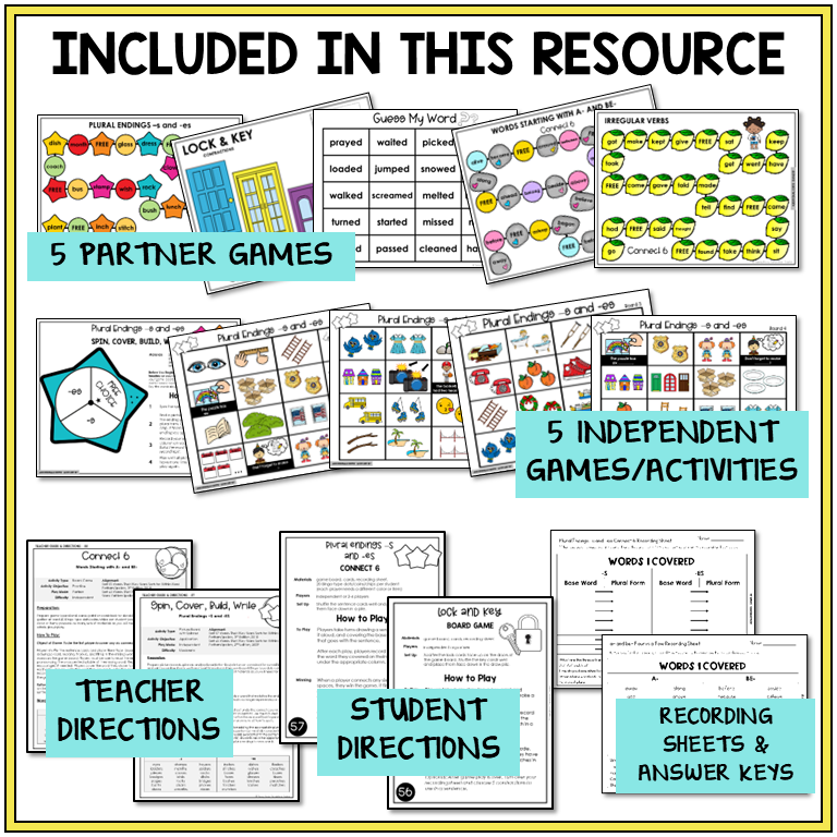 Contractions, Plurals, & Inflectional Endings Unit 8 Within Word Pattern Games Bundle