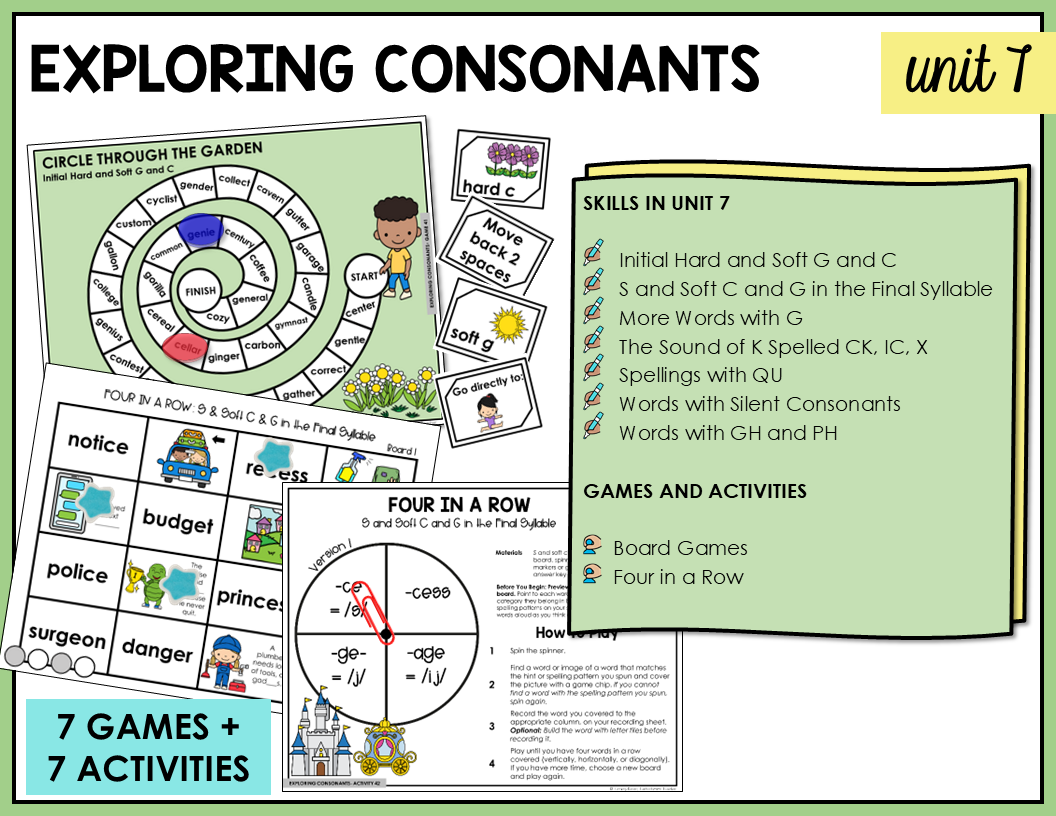 Educational materials for exploring consonants with games and activities.