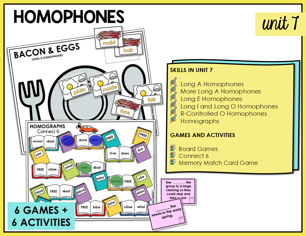 6 partner games and 6 independent activities for students to engage in to practice spelling homophones and homographs