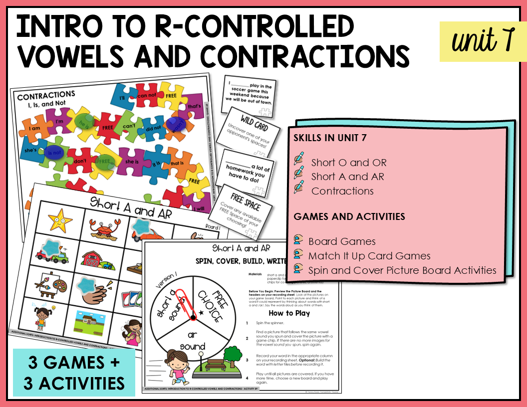 Interactive games and activities for teaching contractions and an intro to r-controlled vowels in the Letter Name-Alphabetic stage.