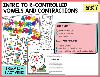 Interactive games and activities for teaching contractions and an intro to r-controlled vowels in the Letter Name-Alphabetic stage.