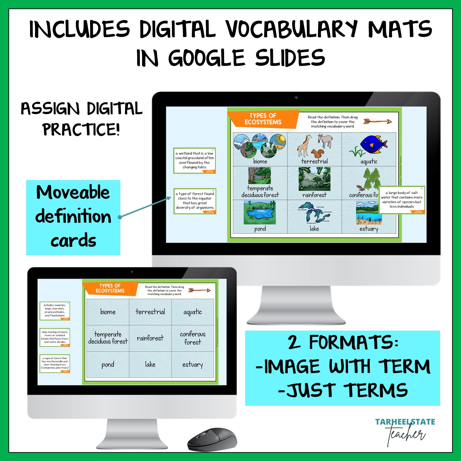 Digital vocabulary mats with Google Slides on a computer screen, featuring text about assign digital practice and movable definition cards.