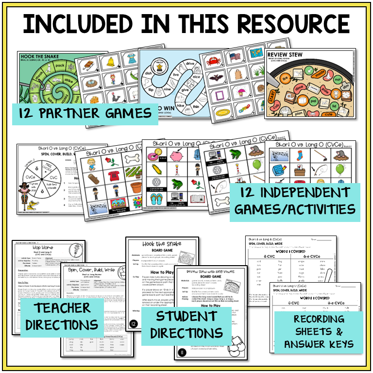 Educational resource package with partner and independent games, teacher and student directions, and recording sheets.