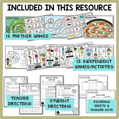 Educational resource package with partner and independent games, teacher and student directions, and recording sheets.