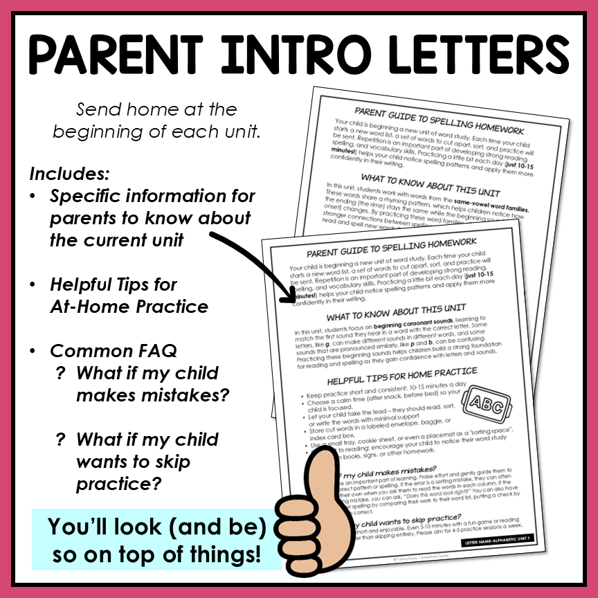 Parent introduction letters included for spelling homework lists for 1st to 2nd grade aligned to the Letter Name-Alphabetic stage in Words Their Way.