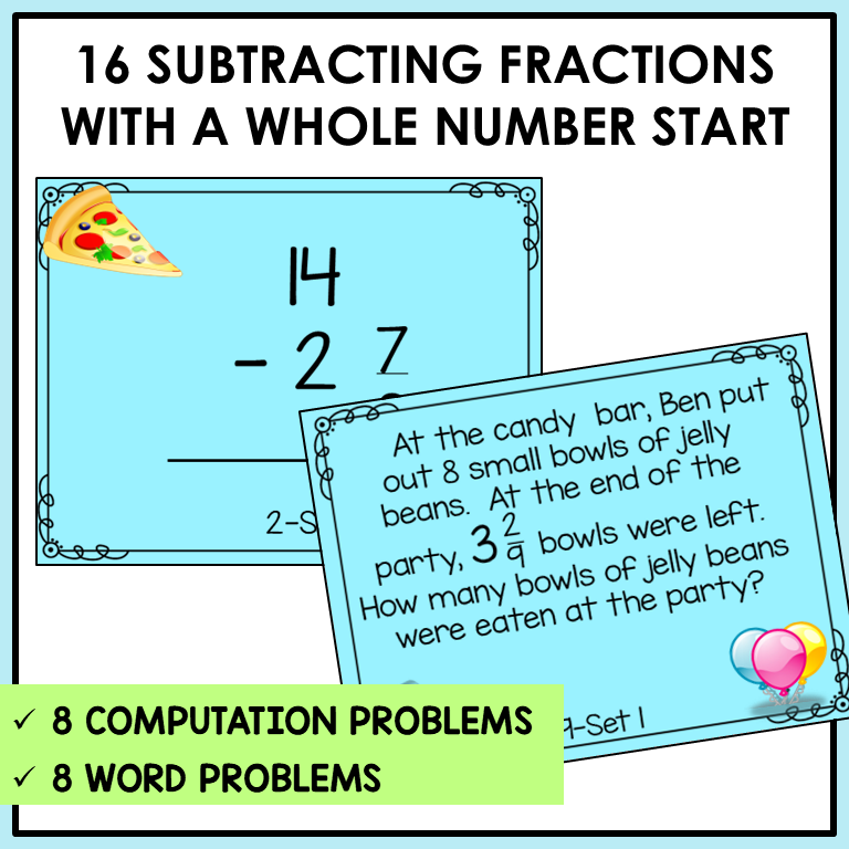 Subtracting Fractions Mixed Numbers with Regrouping Task Cards Activities