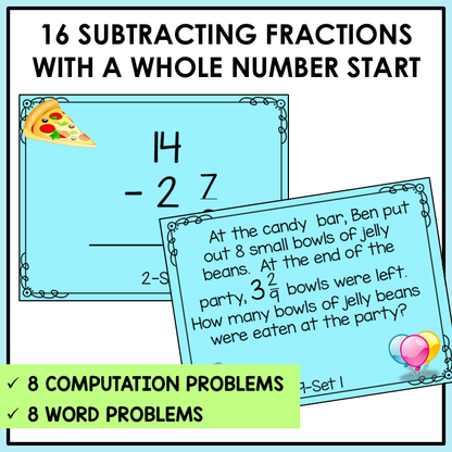 Subtracting Fractions Mixed Numbers with Regrouping Task Cards Activities
