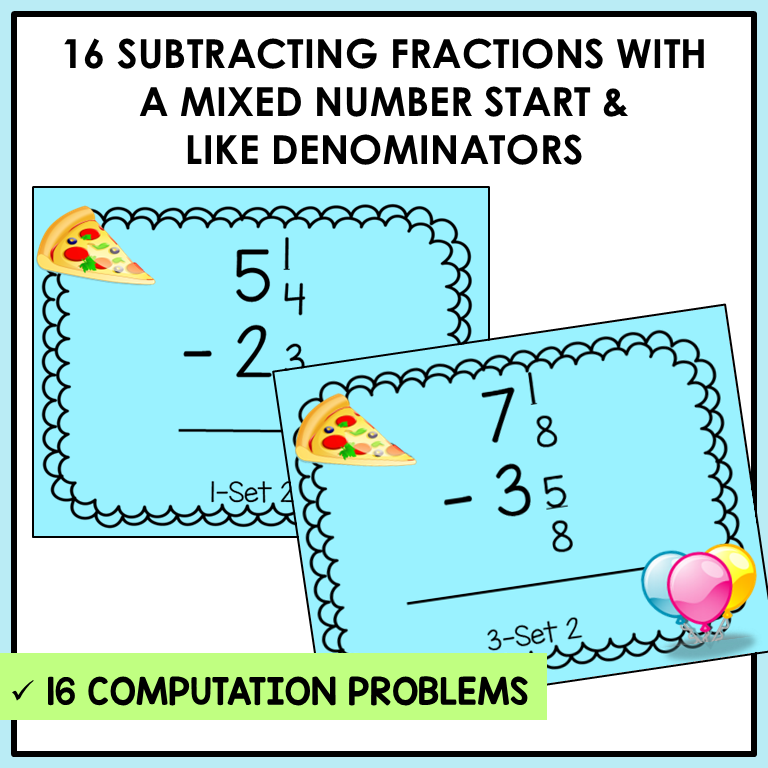 Subtracting Fractions Mixed Numbers with Regrouping Task Cards Activities