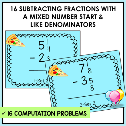 Subtracting Fractions Mixed Numbers with Regrouping Task Cards Activities