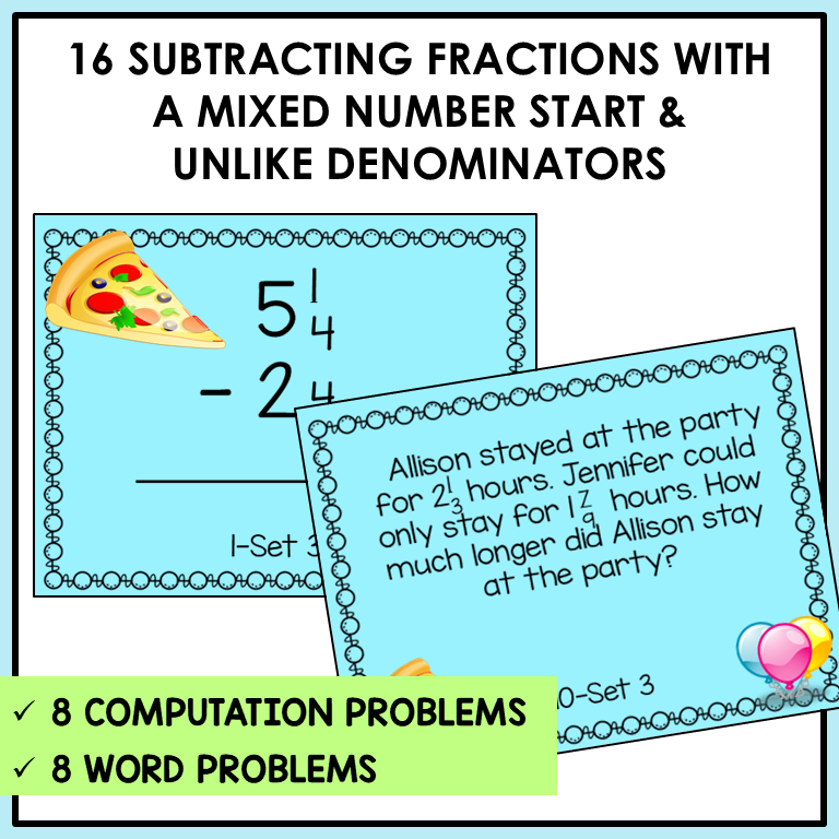 Subtracting Fractions Mixed Numbers with Regrouping Task Cards Activities