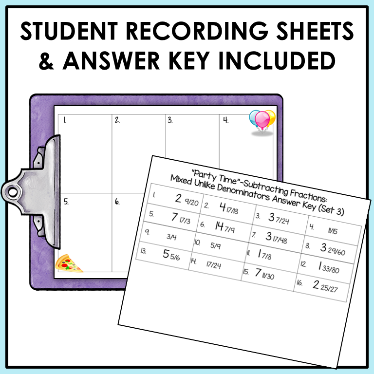 Subtracting Fractions Mixed Numbers with Regrouping Task Cards Activities