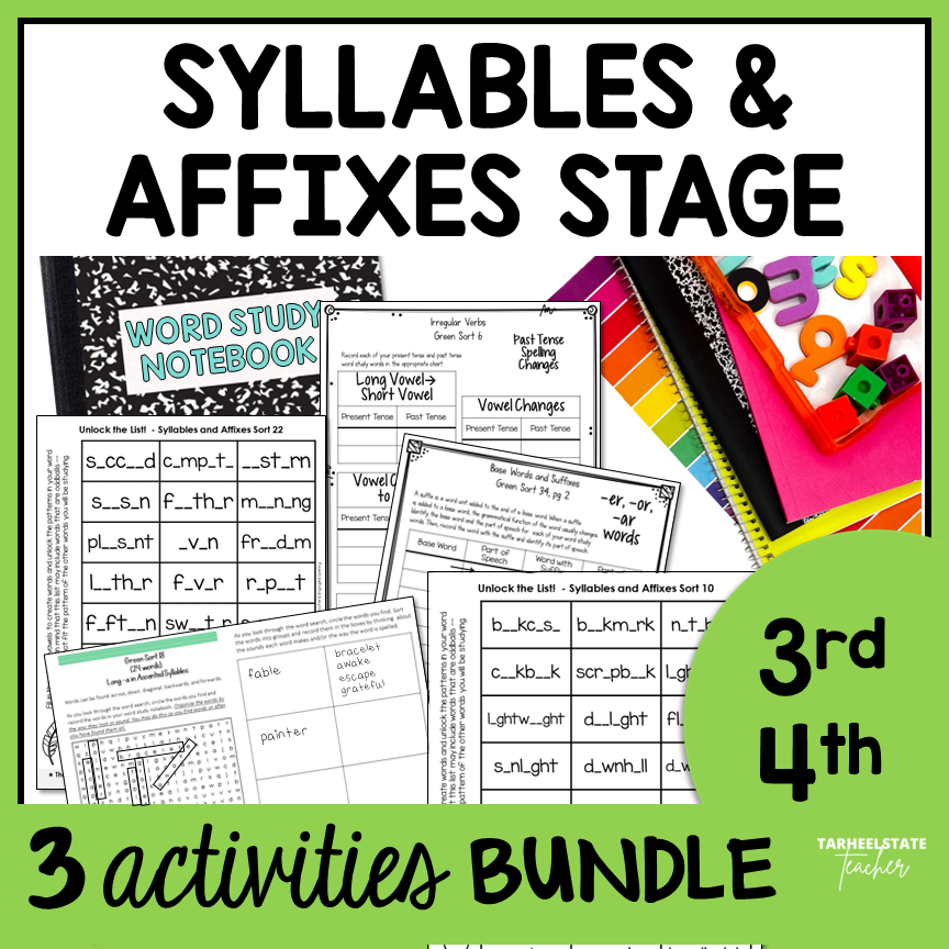 Engaging spelling activities and resources for spellers in the Syllables and Affixes stage including word searches, fill-in-the-blank activities, interactive spelling notebook exercises, and weekly spelling homework.