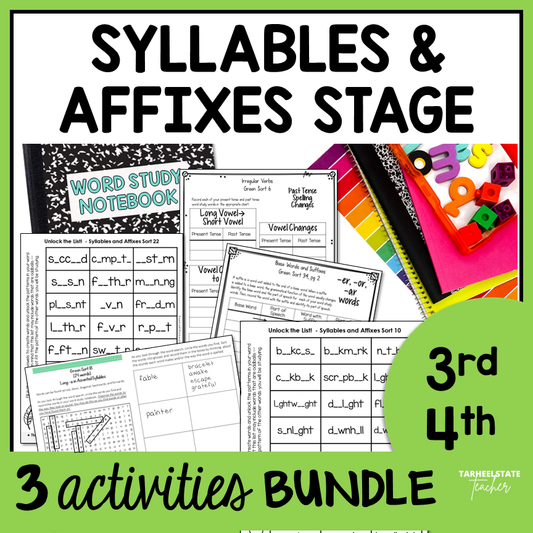 Engaging spelling activities and resources for spellers in the Syllables and Affixes stage including word searches, fill-in-the-blank activities, interactive spelling notebook exercises, and weekly spelling homework.