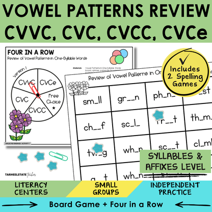 Educational materials for reviewing vowel patterns in one-syllable words with games and activities.