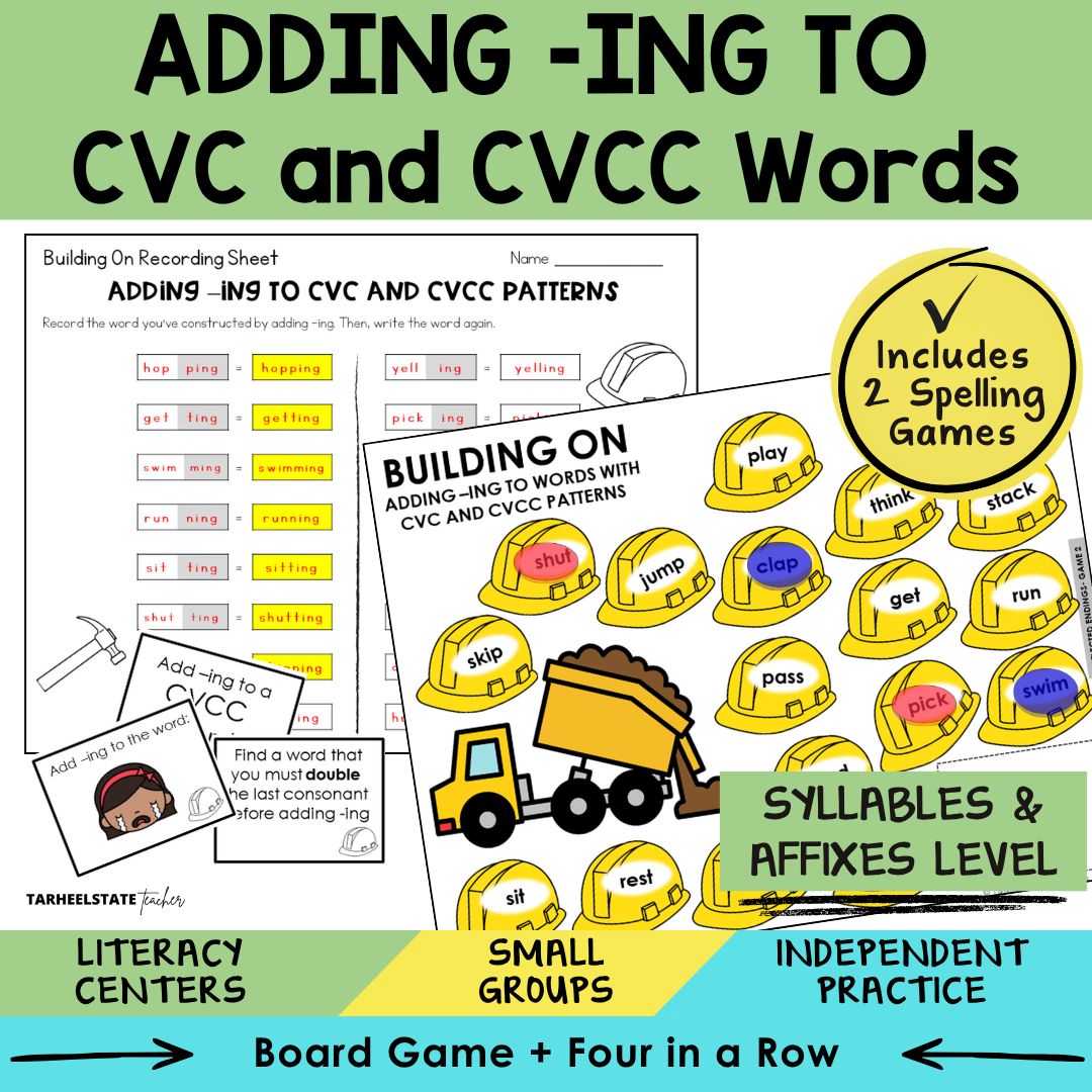 Educational materials for teaching adding -ing to CVC and CVCC words with construction theme