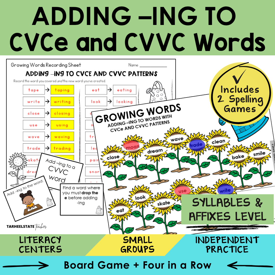 Engaging spelling games and activities for teaching adding ING to CVCe and CVVC words in the Syllables and Affixes stage.