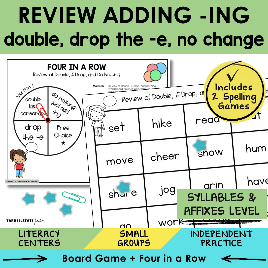 Educational materials for teaching spelling with a focus on adding '-ing', double, drop the '-e', and no change rules.