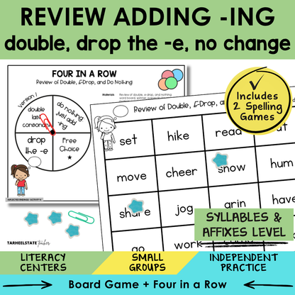Educational materials for teaching spelling with a focus on adding '-ing', double, drop the '-e', and no change rules.