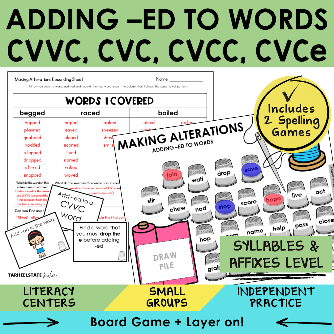 Educational materials for spelling practice with words ending in CVVC, CVC, CVCC, CVCE.