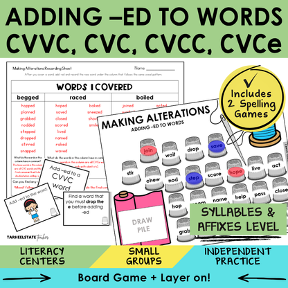 Educational materials for spelling practice with words ending in CVVC, CVC, CVCC, CVCE.